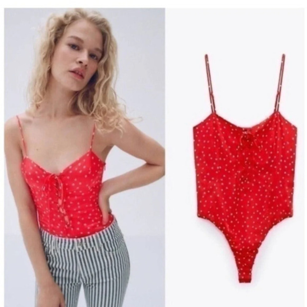 ZARA one piece satin bodysuit Red with white stars Lace up front size M